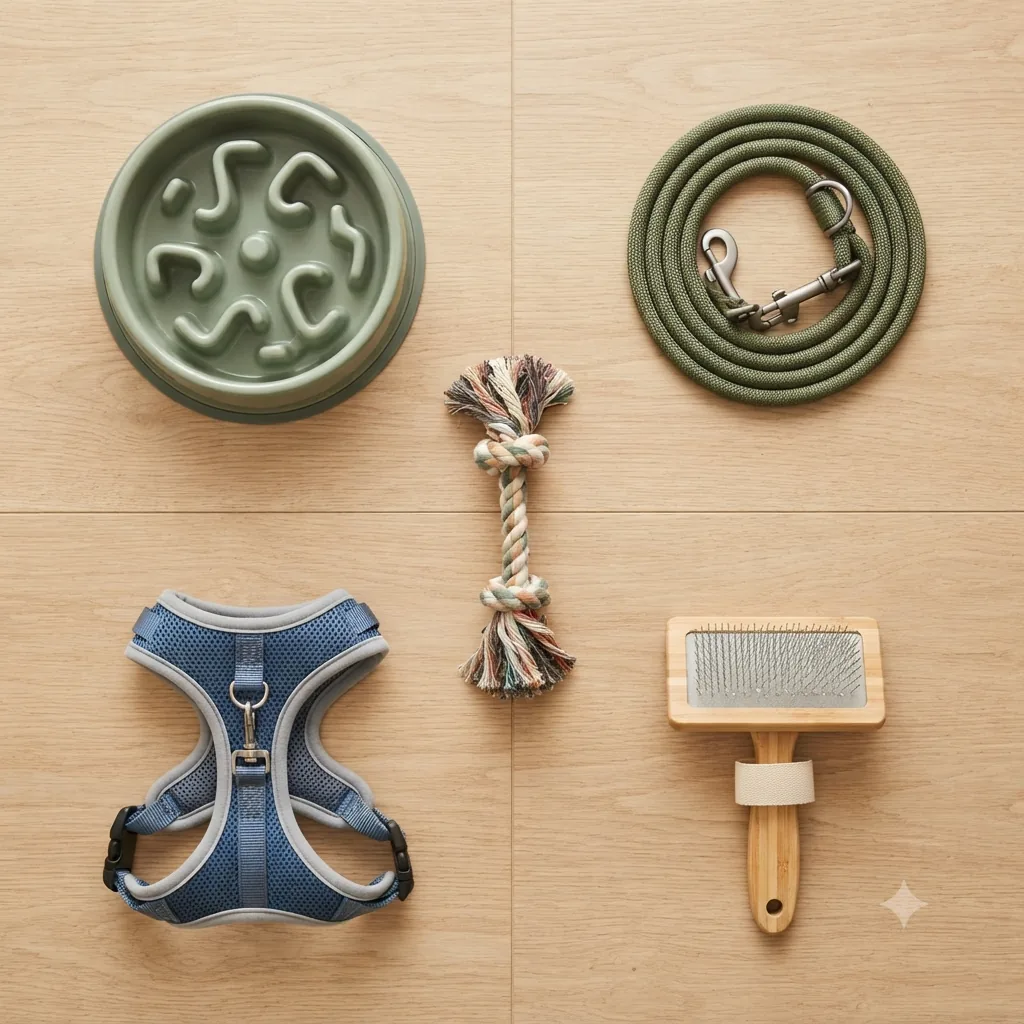 Overhead view of dog gear laid out in a grid on a light wood surface: a sage-green slow-feeder bowl, a coiled olive rope leash with a metal clip, a knotted rope tug toy, a blue mesh harness with a D-ring, and a bamboo-handled pin brush.