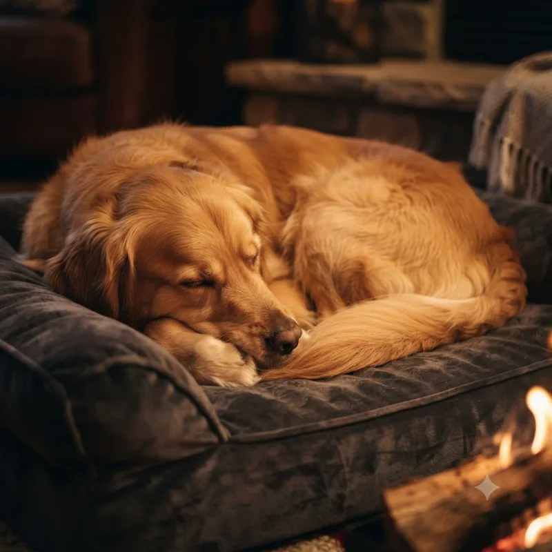 A golden retriever curled up asleep on a grey bolster cushion beside a lit fireplace.