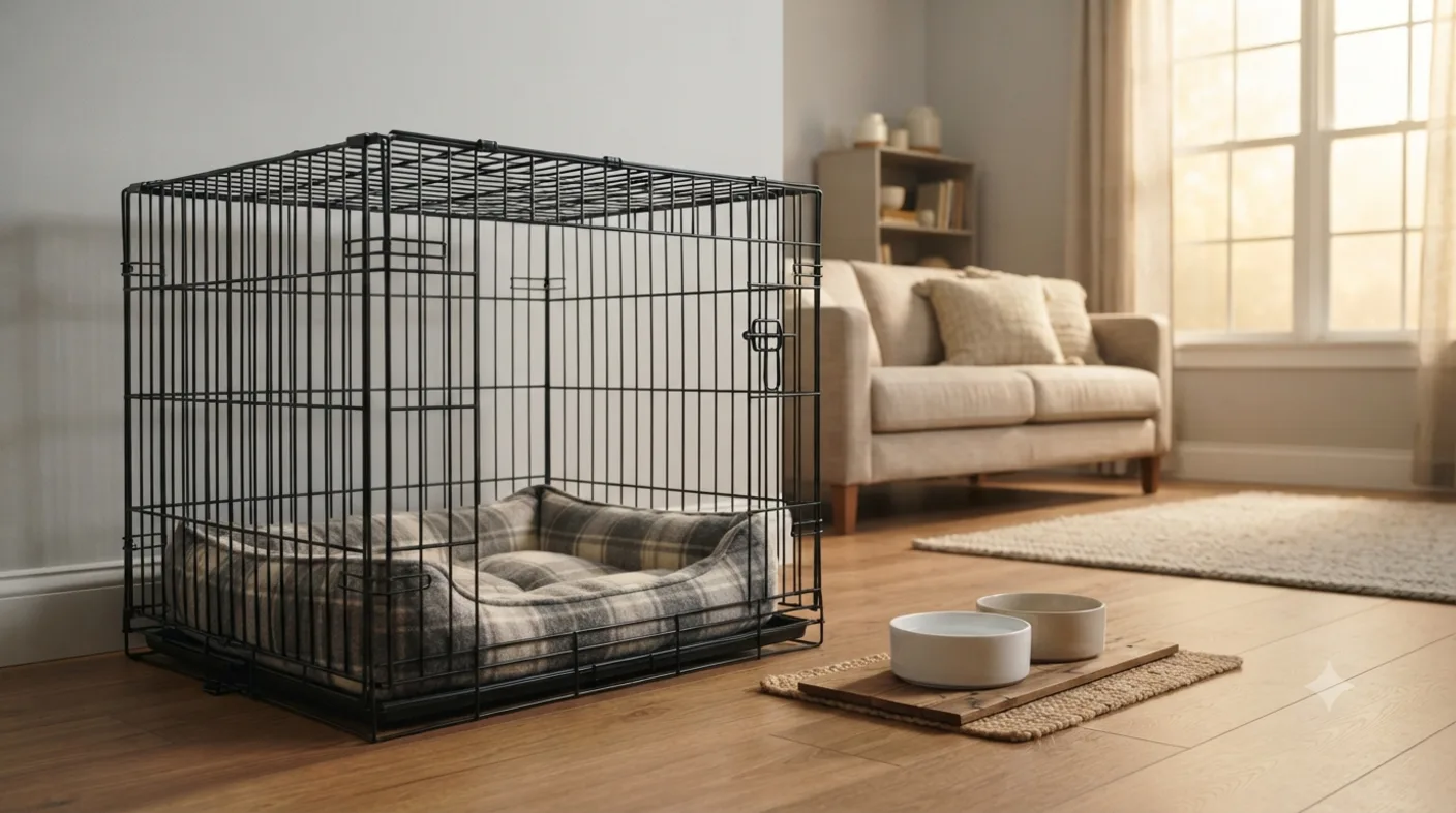 A black wire dog crate with a plaid cushion inside, set up in a sunlit living room beside a beige sofa, with two ceramic bowls on a woven mat in the foreground.