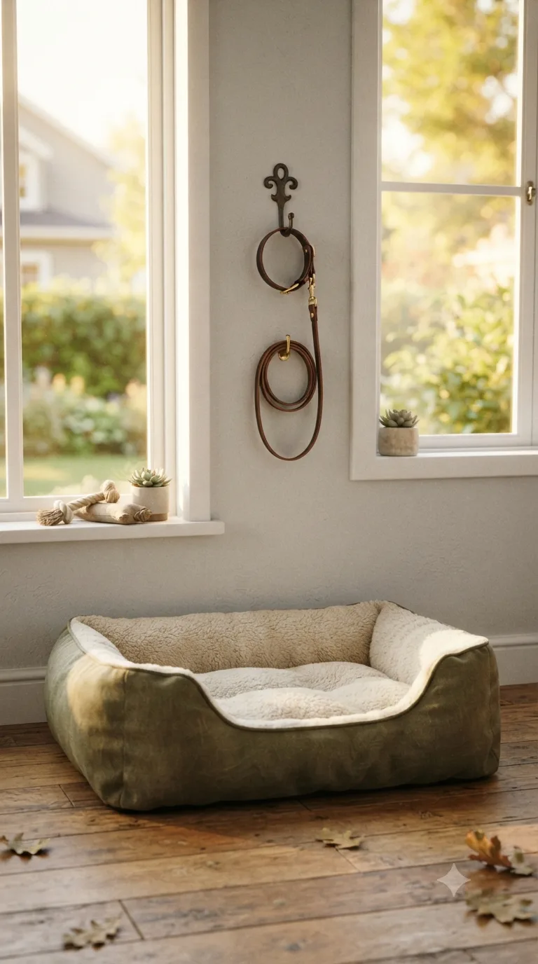 A leather collar and coiled leash hanging on wall hooks between two sunlit windows, above an olive-green dog bed with a fleece cushion on a wooden floor.